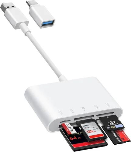 Vista 10 de BnmxTek Lector de Tarjetas SD para iPhone, Adaptador de Tarjeta SD con Conector Dual Lightning y USB-C para iPhone 5-14, iPhone 15 con USB-C, iPad