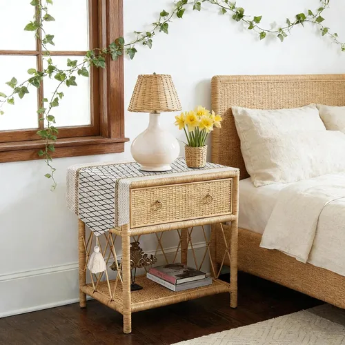 Vista 3 de yuboo Camino de mesa bohemio con extremo triangular, caminos de mesa pequeños de 36 pulgadas, cubierta de tocador de macramé para mesita de noche