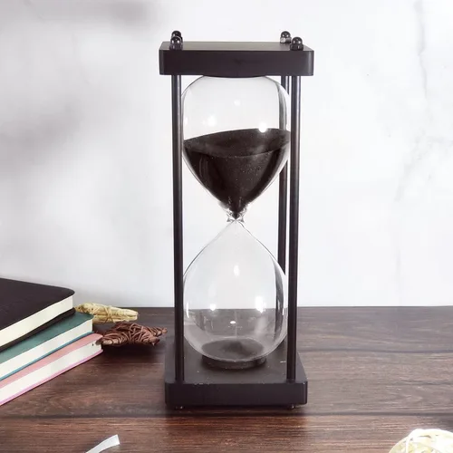 Vista 2 de Temporizador de reloj de arena grande de 60 minutos, marco negro decorativo con arena negra