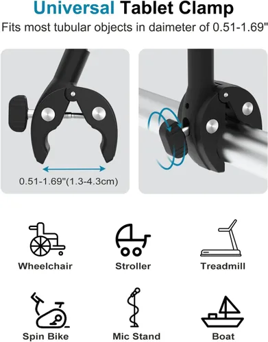 Vista 3 de Soporte para tablet para silla de ruedas, cochecito, bicicleta giratoria, cinta de correr, soporte de micrófono, barco/abrazadera de manillar