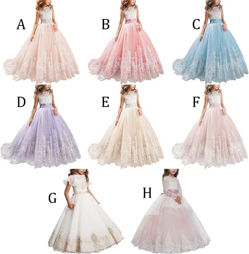 Vista 3 de Vestido largo de encaje de princesa, para comunión, vestido de tul, vestido largo con diseño de flor de encaje, para eventos formales para niñas