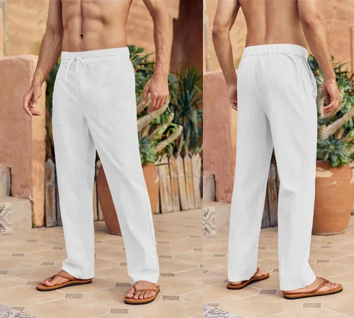 Vista 2 de Enjoybuy Pantalones de lino con cordón para hombre, para playa, golf, cintura elástica, primavera, largos, casuales, sueltos, para yoga, verano
