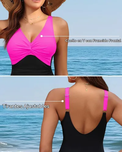 Vista 2 de Traje de baño de una pieza con control de abdomen para mujer Rosado intenso y negro