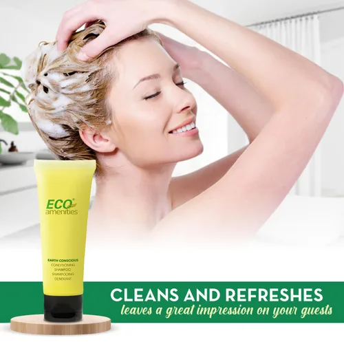 Vista 3 de 2 en 1 champú y acondicionador ECO Amenities, tubo transparente con tapa, envuelto individualmente de 1.1 onzas, 72 tubos por caja