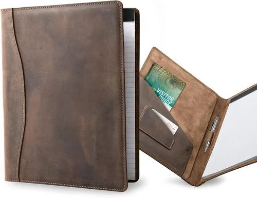 Vista 12 de PEGAI Padfolio de cuero 100% hecho a mano, organizador de bloc de notas jurídicas para negocios, escuela, oficina, conferencias, resistente, piel
