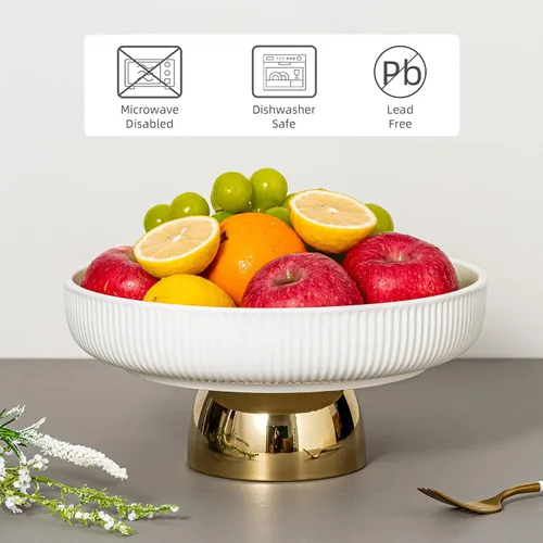 Vista 3 de Frutero de cerámica, cuencos decorativos grandes de 11 pulgadas, bandeja de pedestal blanca y base dorada, frutero para encimera de cocina, bandejas