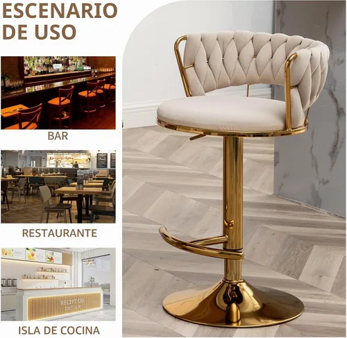 Vista 7 de Taburetes de bar dorados juego de 2, taburetes de bar de terciopelo giratorios con respaldo tejido, taburetes ajustables para isla de cocina, Beige