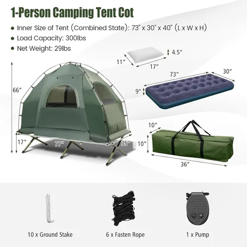 Vista 7 de Tangkula Combo de Catre de Tienda 5 en 1 con Toldo, Colchón de Aire, Saco de Dormir, Almohada, Tienda Individual Elevada con Bolsa de Transporte
