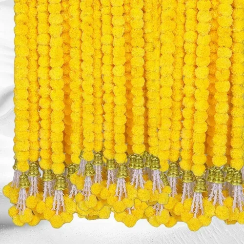 Vista 9 de 5 guirnaldas de caléndula de 5 pies de largo para decoración de hebras largas, flores artificiales de caléndula Decoración india para Pooja Boda