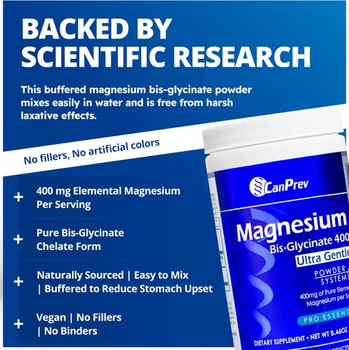Vista 3 de CanPrev Bisglicinato de magnesio 400 polvo ultra suave 8.47 oz, 48 porciones, 400 mg de magnesio elemental por cucharada, soporta noches