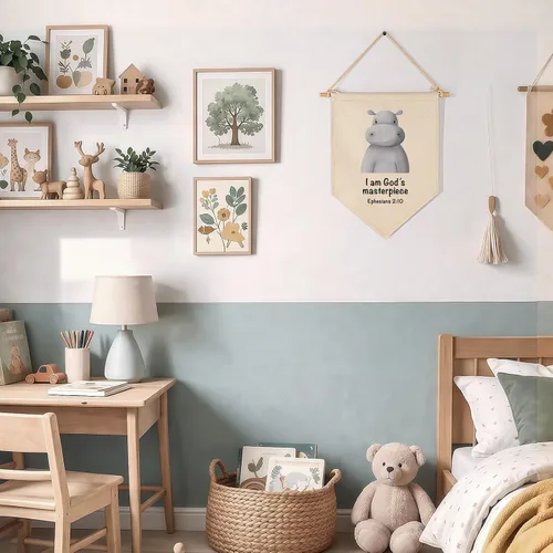 Vista 5 de Decoración de animales cristianos para guardería, versículo bíblico, selva, safari, banderín, banderín, regalo para bebés, niños, niñas, recién