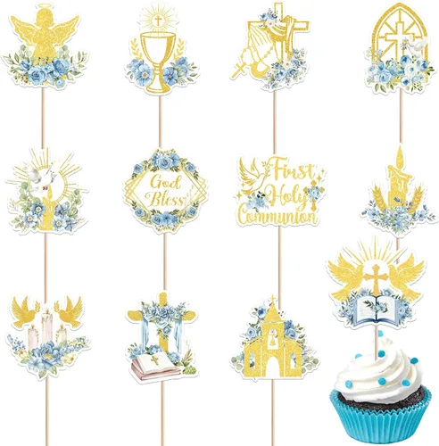 Vista 10 de 24 adornos cruzados para cupcakes con diseño de Dios bendiga y bautismo, para cupcakes de cruz, decoración de primera comunión para tartas