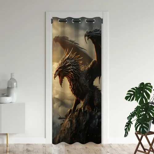 Vista 10 de Cortinas de puerta de dragón para puertas, mágica cortina opaca medieval de animales de fantasía para armario de dormitorio de niños, con ojales