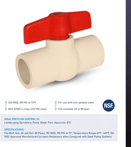 Vista 5 de Midline Valve Válvula de bola de CPVC resistente 472T100 para agua potable; Mango en T rojo; Conexiones de disolvente de 1 pulgada; Plástico