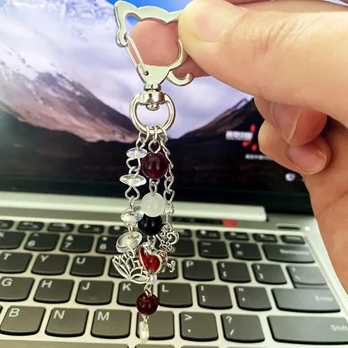 Vista 6 de Lindos llaveros estéticos Y2k para niños, adolescentes, niñas, mujeres, cuentas de cristal, corazón kawaii, llaveros (rojo), Rojo