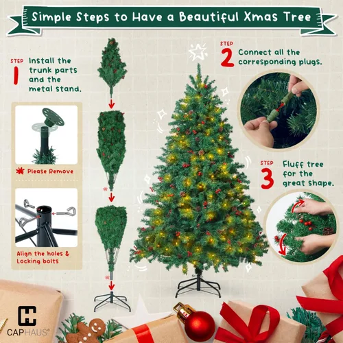 Vista 6 de Fencer Wire Árbol de Navidad artificial preiluminado de alta calidad de 6 pies con 800 puntas de ramas prearticuladas y soporte plegable, 250 luces