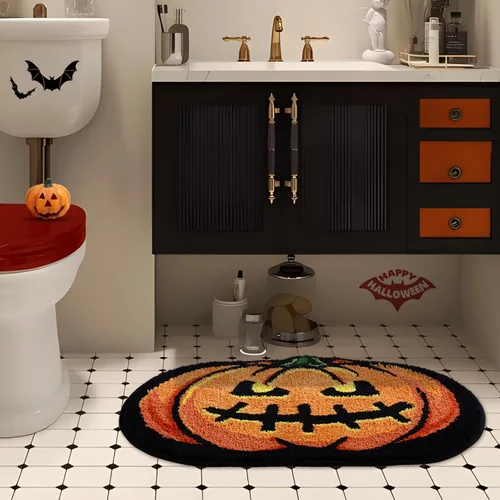 Vista 4 de Alfombra de baño de calabaza de Halloween de 20 x 32 pulgadas, suave y absorbente, alfombra de baño de otoño, antideslizante, lavable, decoración