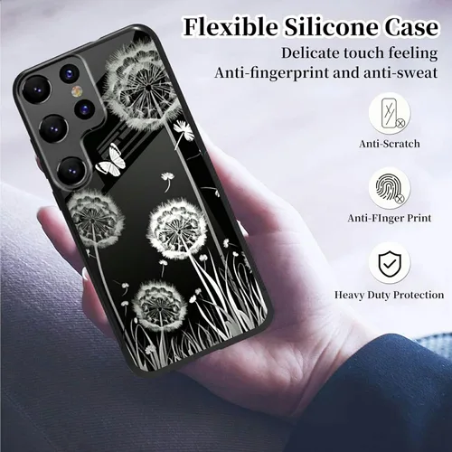 Vista 5 de Funda para teléfono Samsung Galaxy S23 Ultra con protector de pantalla de vidrio templado delgado, cubierta negra, diseño elegante de diente de león
