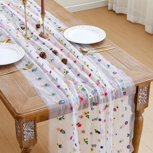 Vista 8 de JIALE Camino de mesa floral negro, decoración de mesa de temporada de margaritas bordadas, 120 pulgadas, 10 pies, tela de tul para decoración