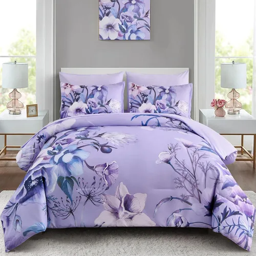 Vista 28 de Luxudecor Juego de edredón floral tamaño individual de 7 piezas, cama de flores aguamarina en una bolsa, elegante edredón floral degradado con juego