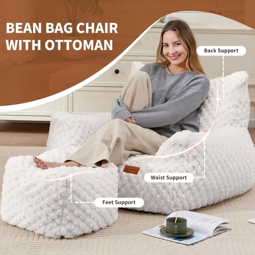 Vista 3 de Silla Puf con Otomana, Sofá Puf Gigante Moderno con Reposapiés, Sillas Puf Grandes de Descanso para Adultos y Adolescentes, Cómoda Silla de Lectura