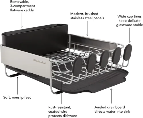 Vista 8 de KitchenAid Escurridor de platos compacto, que ahorra espacio, resistente al óxido con organizador de cubiertos extraíble y bandeja de escurrido Negro