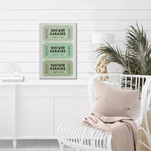 Vista 4 de Lienzo con impresión de karaoke para ducha, divertido arte de pared de baño, póster retro de boletos, color verde salvia, decoración de baño