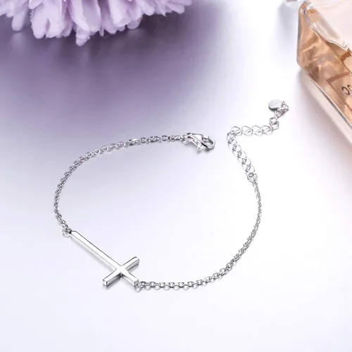 Vista 4 de Sllaiss Pulsera religiosa de plata de ley 925 con cruz lateral para mujeres y hombres, joyería de cruz, pulsera cristiana, cadena de eslabones
