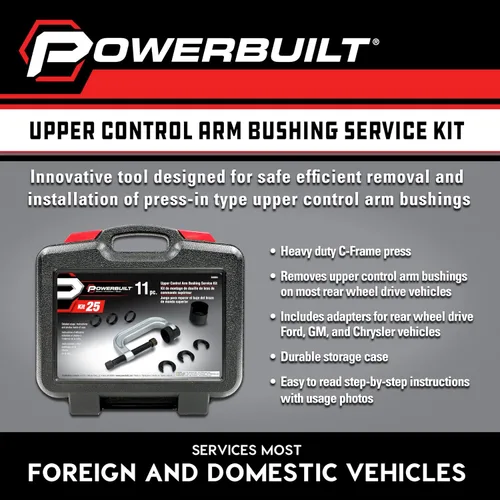 Vista 2 de Powerbuilt Juego de herramientas de servicio de bujes de brazo de control superior para Ford, GM y Chrysler, quitar e instalar bujes de coche, 648604