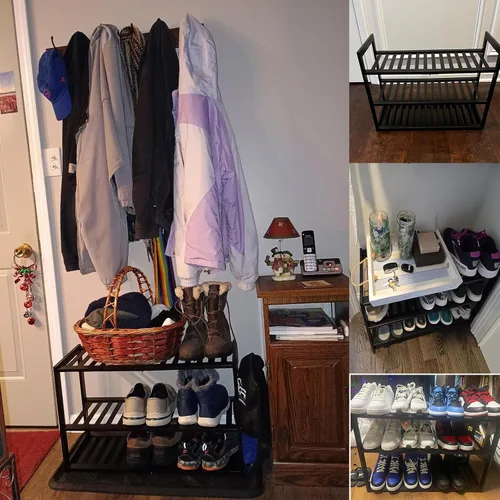 Vista 3 de Jripae Zapatero de bambú para entrada, estante organizador de zapatos apilable de 3 niveles, almacenamiento para 9-12 pares de zapatos, soporte