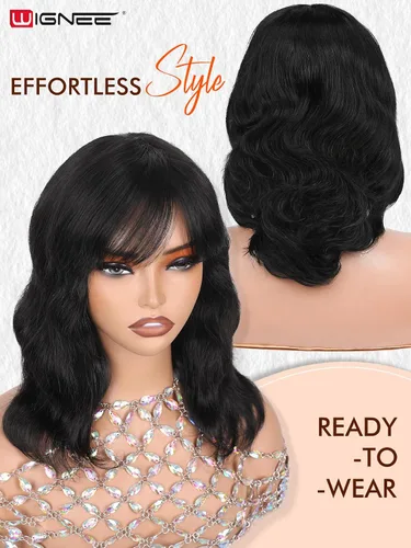 Vista 3 de WIGNEE Pelucas onduladas naturales con flequillo, 100% cabello humano brasileño, pelucas onduladas de moda, color negro natural