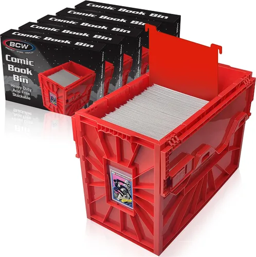Vista 10 de BCW Recipiente corto para cómics Capacidad para 150 cómics Almacenamiento de plástico apilable Organizador sin ácido Rojo, paquete de 2