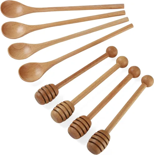 Vista 9 de 2 palitos de miel de 6 pulgadas, 2 cucharas agitadoras de café de mango largo de 7.87 pulgadas, cucharas agitadoras de madera de haya, cucharas