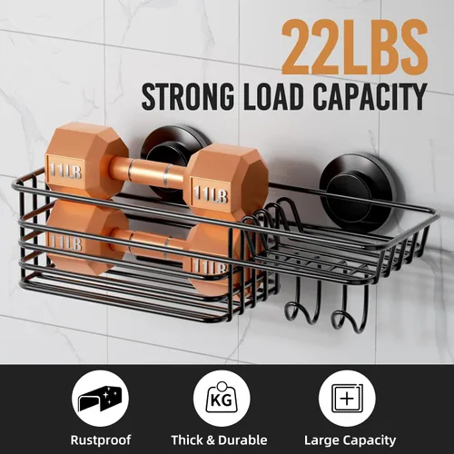 Vista 3 de LEVERLOC Cesta de ducha con ventosa, cesta de ducha con ganchos y jabonera para baño, organizador de ducha para baño sin necesidad de taladrar