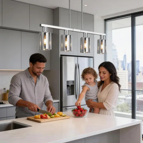 Vista 2 de Iluminación de isla de cocina de 4 luces, lámpara cromada para comedor, luz de isla para colgar sobre la mesa para candelabros lineales de granja