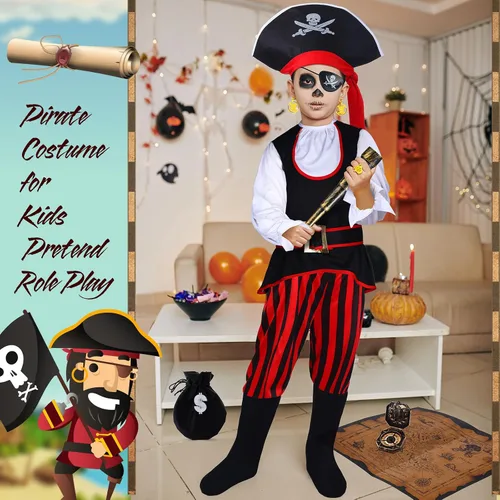Vista 7 de Hillban Disfraz de pirata para niños, juego de rol, vestido de pirata, suministros de fiesta de cumpleaños, accesorios y juguetes para fiestas