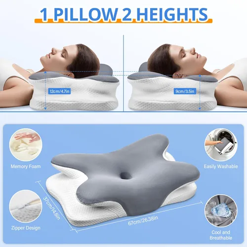 Vista 3 de Almohada cervical para el cuello, almohadas ergonómicas de espuma viscoelástica para aliviar el dolor de cuello con funda de almohada transpirable
