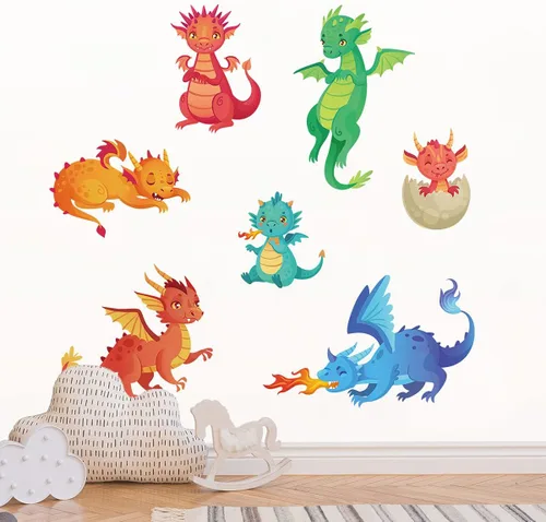 Vista 2 de Calcomanías de pared de dragón grande, calcomanías de pared de dinosaurios 3D de dibujos animados, calcomanías de pared de dinosaurios de dragón