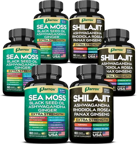 Vista 10 de Paquete de Shilajit y musgo marino, musgo marino 350 mg, aceite de semilla negra 200 mg, Ashwagandha 100 mg, cúrcuma, Shilajit 300 mg, Rhodiola