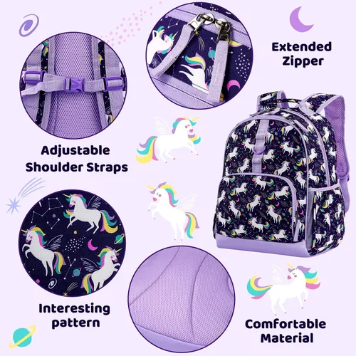 Vista 4 de Choco Mocha Mochila de jardín de infantes de 15 pulgadas para niños, Unicornio espacial, morado
