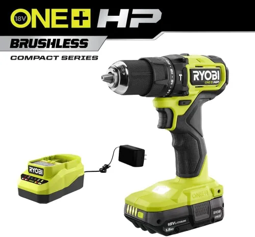 Vista 2 de RYOBI ONEAND HP Kit de taladro de martillo inalámbrico compacto de 18 V sin escobillas, 1/2 pulgadas con 1 bate de 1.5 AH