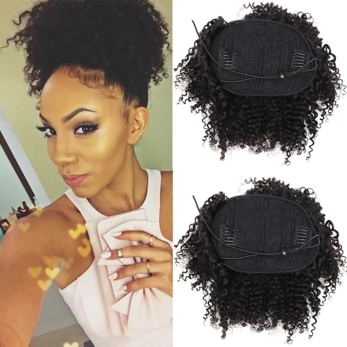 Vista 6 de Extensiones de cola de caballo de cabello humano rizado afro, rizado con cordón, extensiones de cabello humano rizado natural en cola de caballo