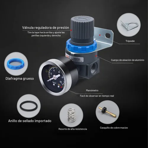 Vista 6 de Regulador de presión de aire de rosca NPT de 1/4 de pulgada con mini válvula de control de aire para compresor de aire o herramientas de aire