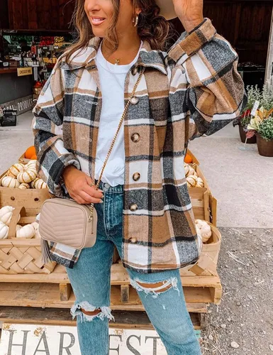 Vista 2 de Yeokou - Chaqueta de franela a cuadros con botones para mujer, para el otoño, bloque