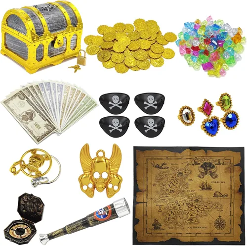 Vista 9 de Cofre del tesoro pirata con marco dorado para niños con cerradura y llave, almacenamiento de colección de tesoros y caja decorativa para favores