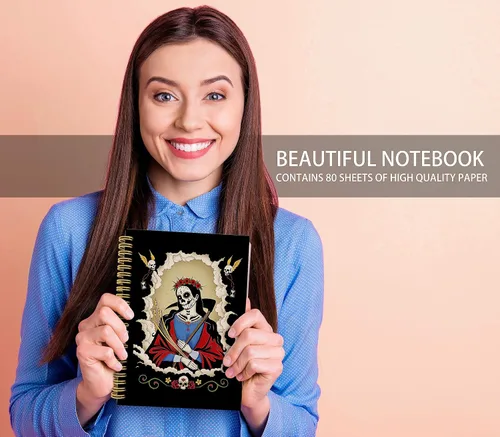 Vista 2 de Knibeo Cuaderno gótico con espiral de tapa dura con forro de arte de Santa Muerte Día de los Muertos de 5.5 x 8.3 pulgadas, cuaderno de rayas