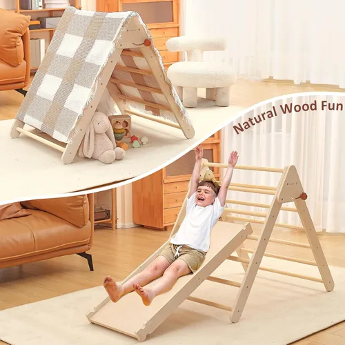 Vista 4 de Pikler - Juego de escalada triangular plegable para niños, 7 en 1, Montessori, grandes juguetes de escalada de madera, gimnasio de selva
