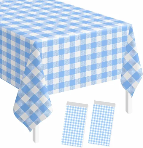 Vista 21 de SietDESEO - Paquete de 2 manteles a cuadros azul y blanco, 54 x 108 pulgadas, mantel premium desechable de plástico para picnic, diseño gingham