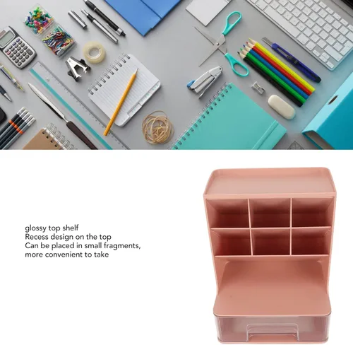 Vista 2 de Wnvivi Organizador de bolígrafo inclinado, soporte para bolígrafo de escritorio, soporte para brochas de maquillaje con cajón, organizador Rosa