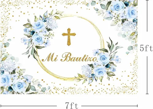 Vista 2 de AIBIIN Telón de fondo Mi Bautizo de 7 x 5 pies para niño, color azul, floral, bautismo, primera comunión, fotografía, fondo, bautizo, puntos